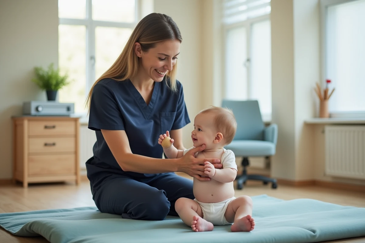 Kinésithérapeute pédiatrique soutenant le tronc d'un bébé de 5 mois lors d'une séance de rééducation motrice, illustrant l'importance d'un accompagnement adapté