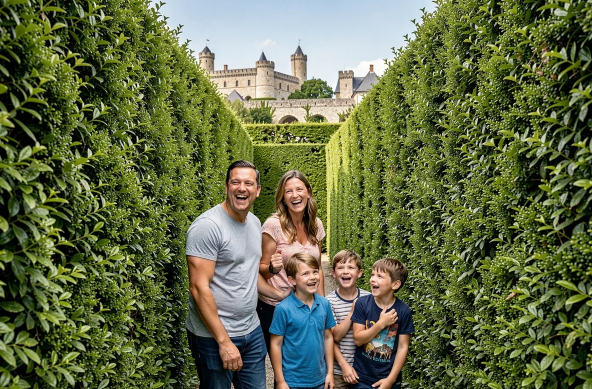 Une famille joyeuse naviguant dans les haies du Labyrinthe de Beaugency par beau temps