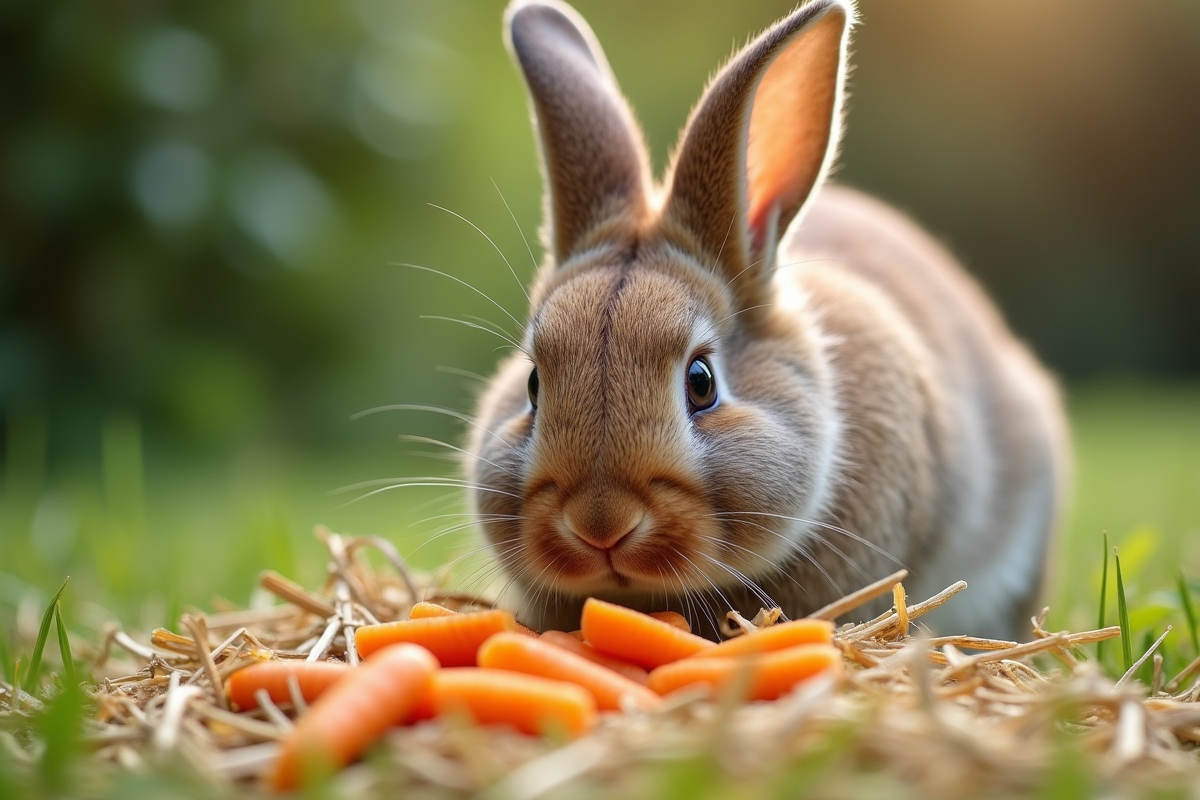 Lapin dwarf lop reniflant du foin et des carottes en journée lumineuse