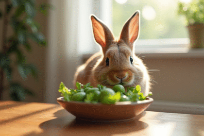 Lapin dwarf lop mangeant des légumes frais dans un bol en céramique