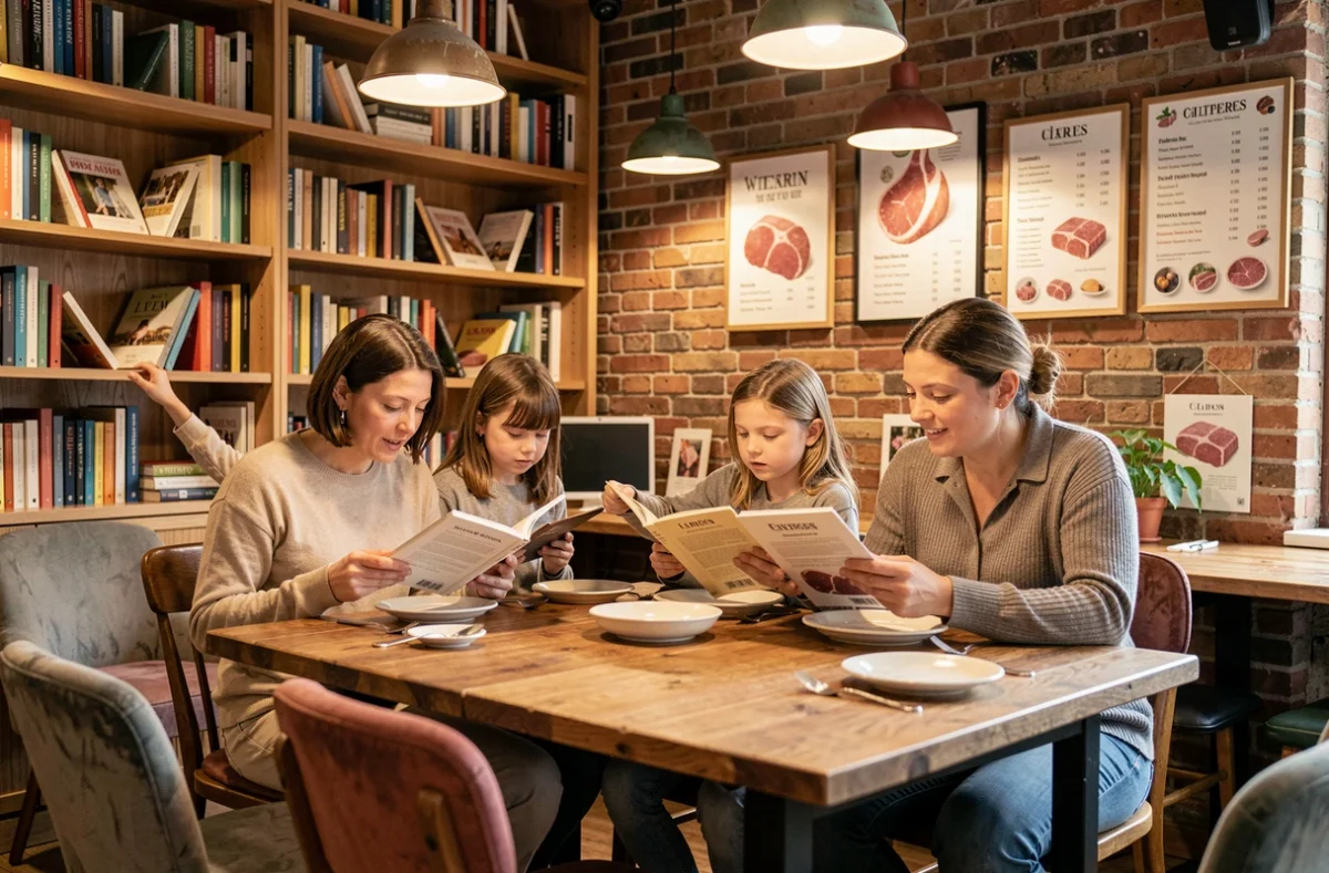 Famille attablée au Book Lard à Lyon, restaurant familial au décor chaleureux mêlant livres et cuisine conviviale