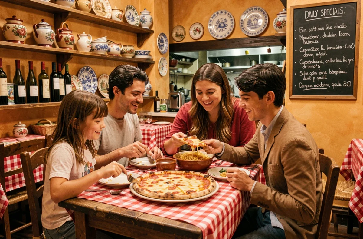 Famille partageant une pizza et des pâtes au Trattino, trattoria italienne familiale et chaleureuse à Lyon