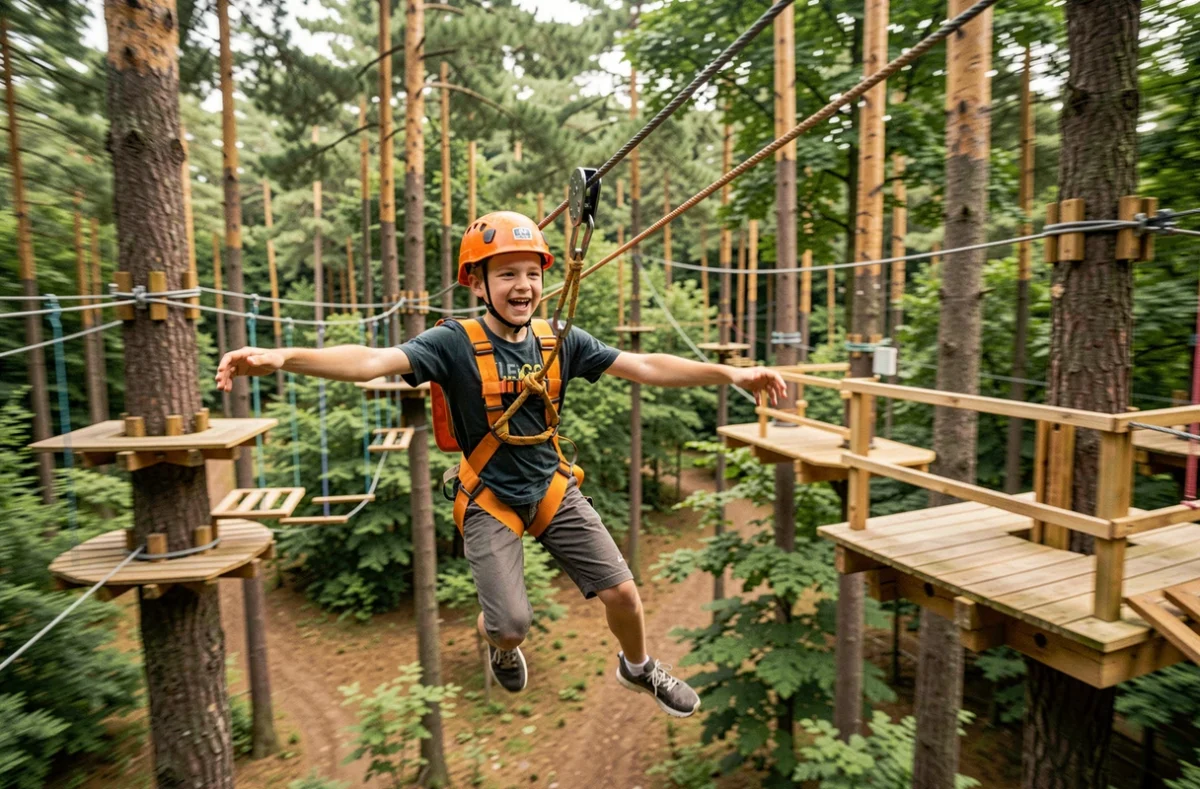 Un adolescent en harnais faisant de la tyrolienne entre les arbres à Léo Parc Aventure
