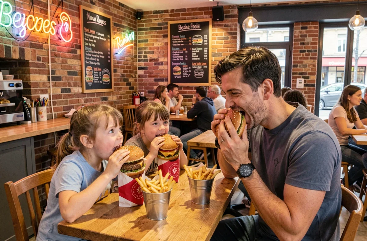 Père et enfants dégustant des burgers généreux aux Burgers de Papa, chaîne familiale conviviale à Lyon
