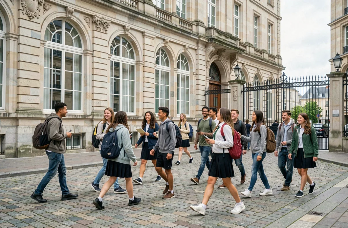 Groupe d'élèves traversant la cour pavée du LGT Urbain Mongazon à Angers devant une imposante façade en pierre