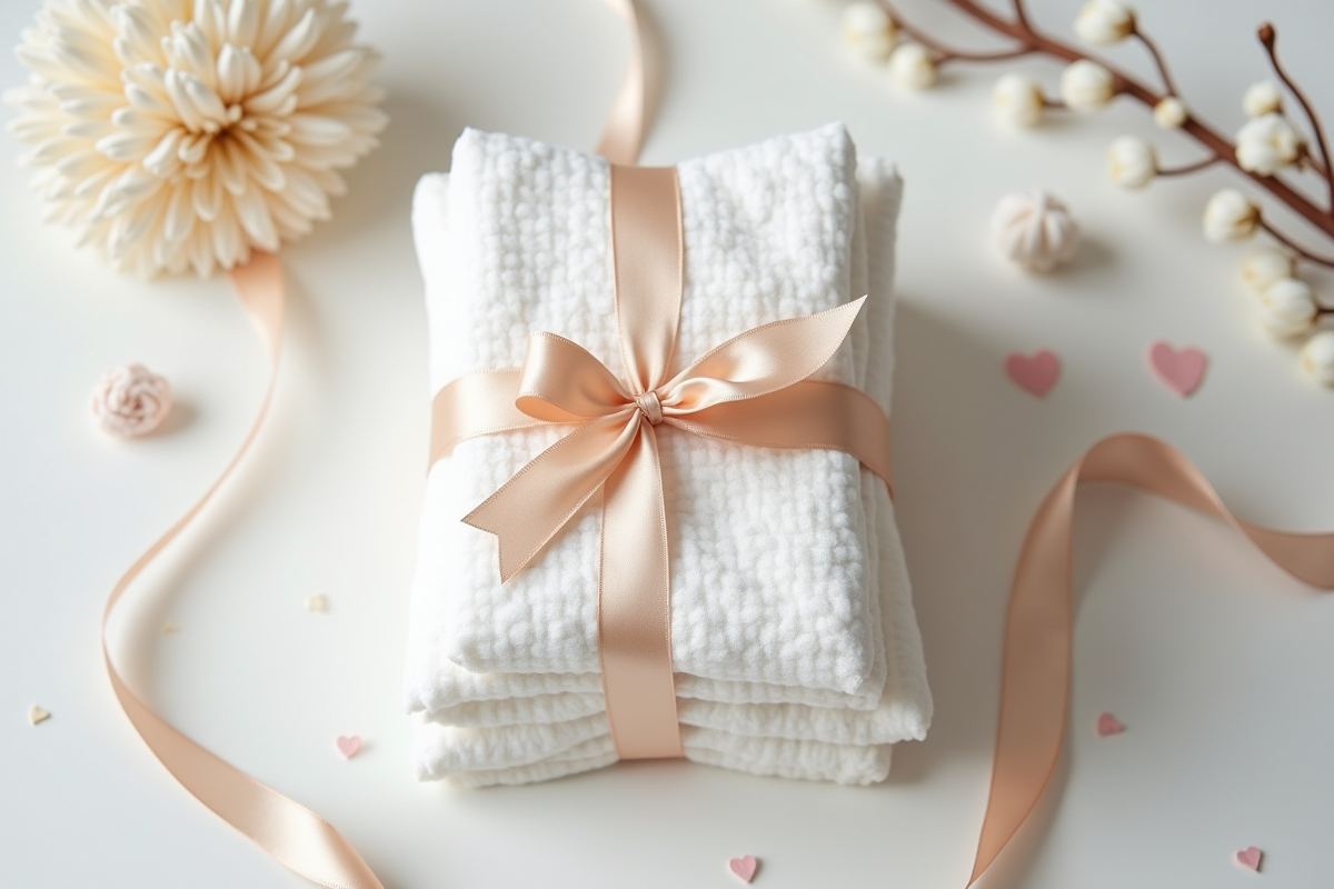 Linge en coton plié avec ruban satin et décoration minimaliste