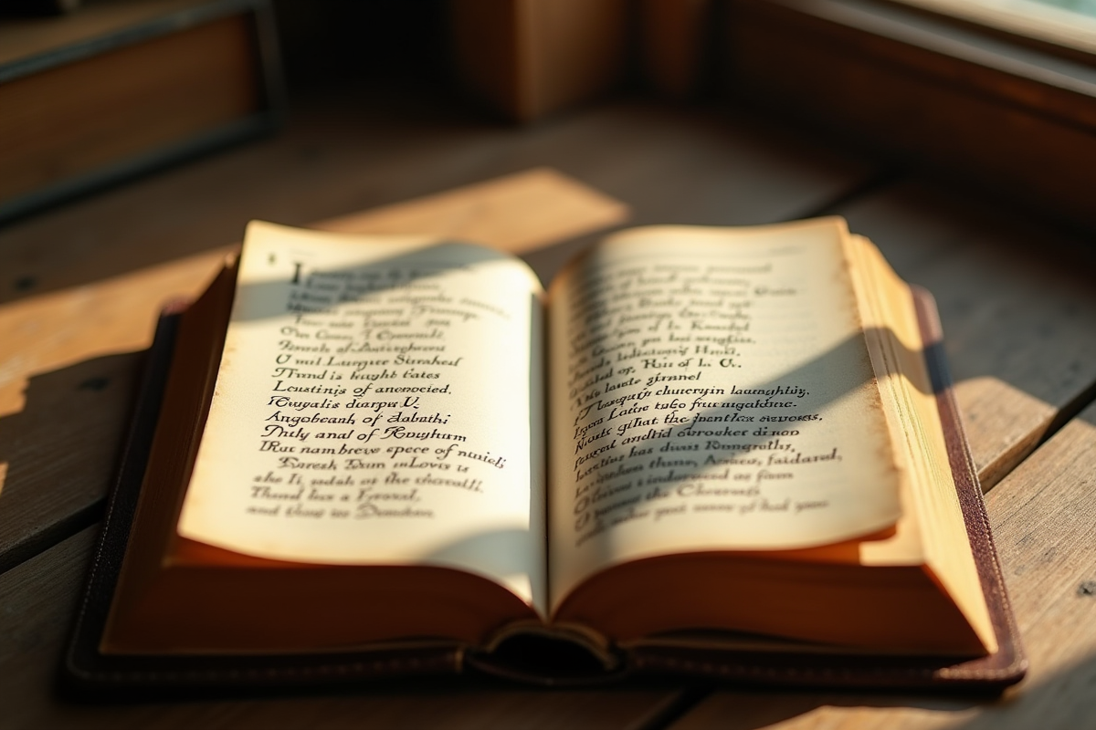 Livre ancien ouvert avec noms manuscrits en U sur une table en bois