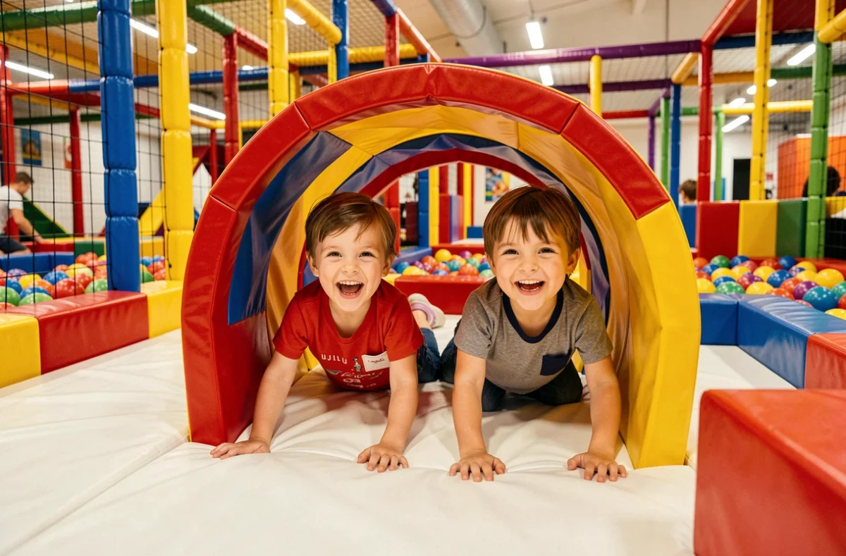 Deux jeunes enfants souriants jouant dans la structure gonflable colorée de Lulu Parc