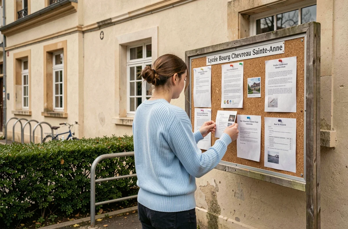 Une lycéenne lisant un panneau d'affichage extérieur du Lycée Bourg Chevreau Sainte-Anne à Segré-en-Anjou Bleu