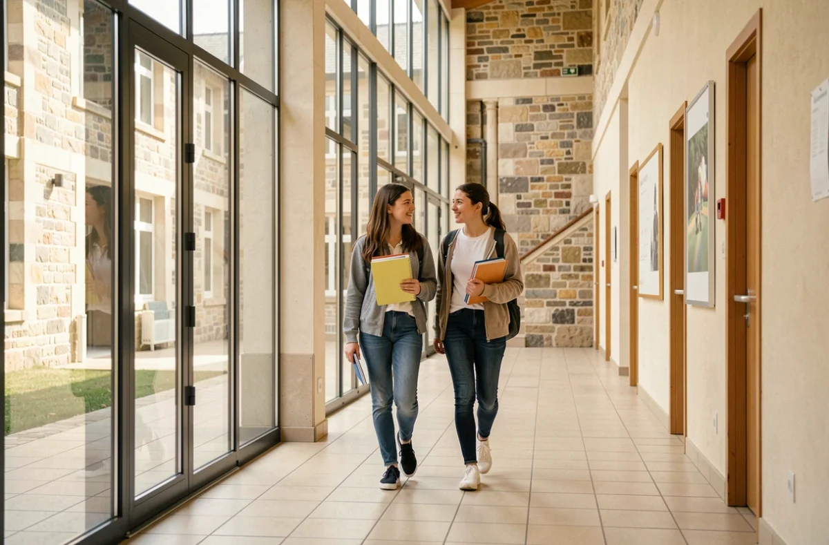 Deux lycéennes marchant dans le couloir principal du Lycée Jeanne Delanoue à Cholet, bâtiment alliant architecture moderne et ancienne