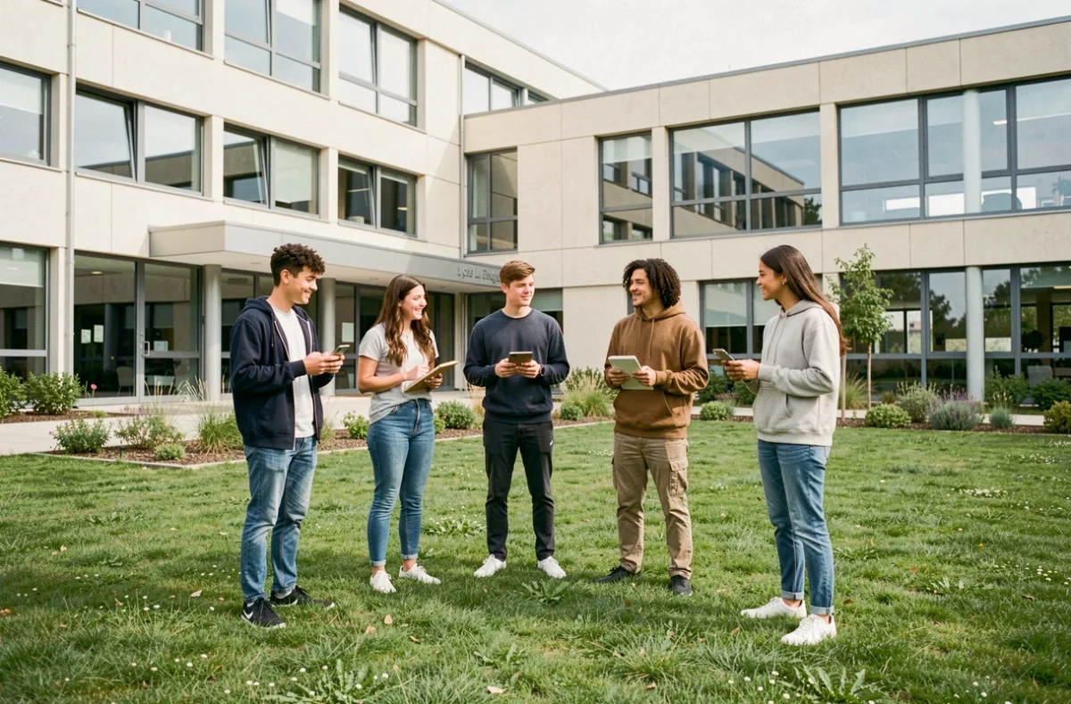 Un groupe d'élèves du Lycée La Baugerie à Angers rassemblés sur la pelouse du campus contemporain pendant une pause