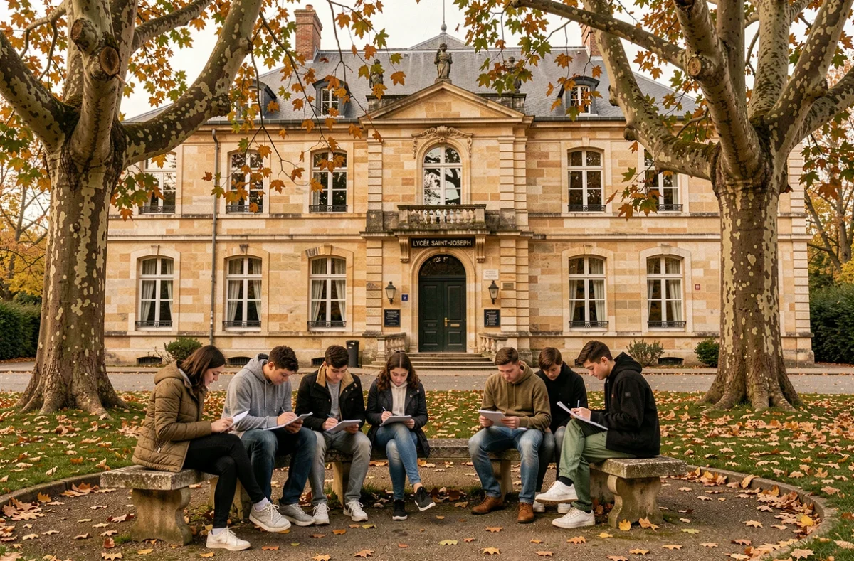 Élèves du Lycée Saint-Joseph à Mauges-sur-Loire révisant leurs notes sur des bancs en pierre sous des châtaigniers en automne