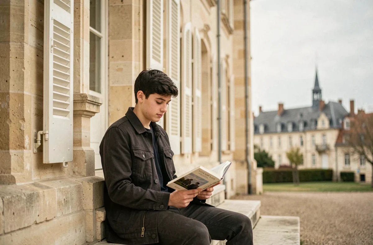 Un lycéen lisant sur les marches en pierre de l'entrée du Lycée Saint-Louis à Saumur, avec la ville en arrière-plan