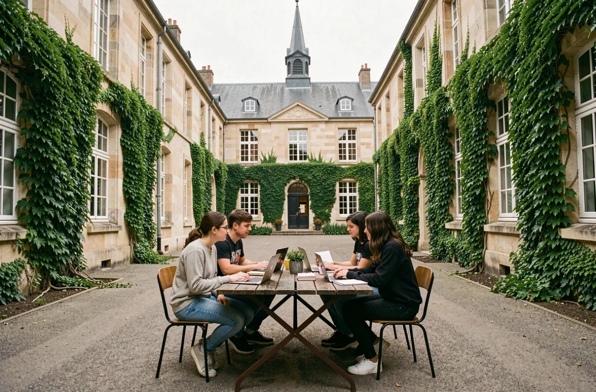 Élèves en session d'étude collaborative dans la cour du Lycée Saint-Serge à Angers, avec un mur en pierre recouvert de lierre et un clocher en arrière-plan