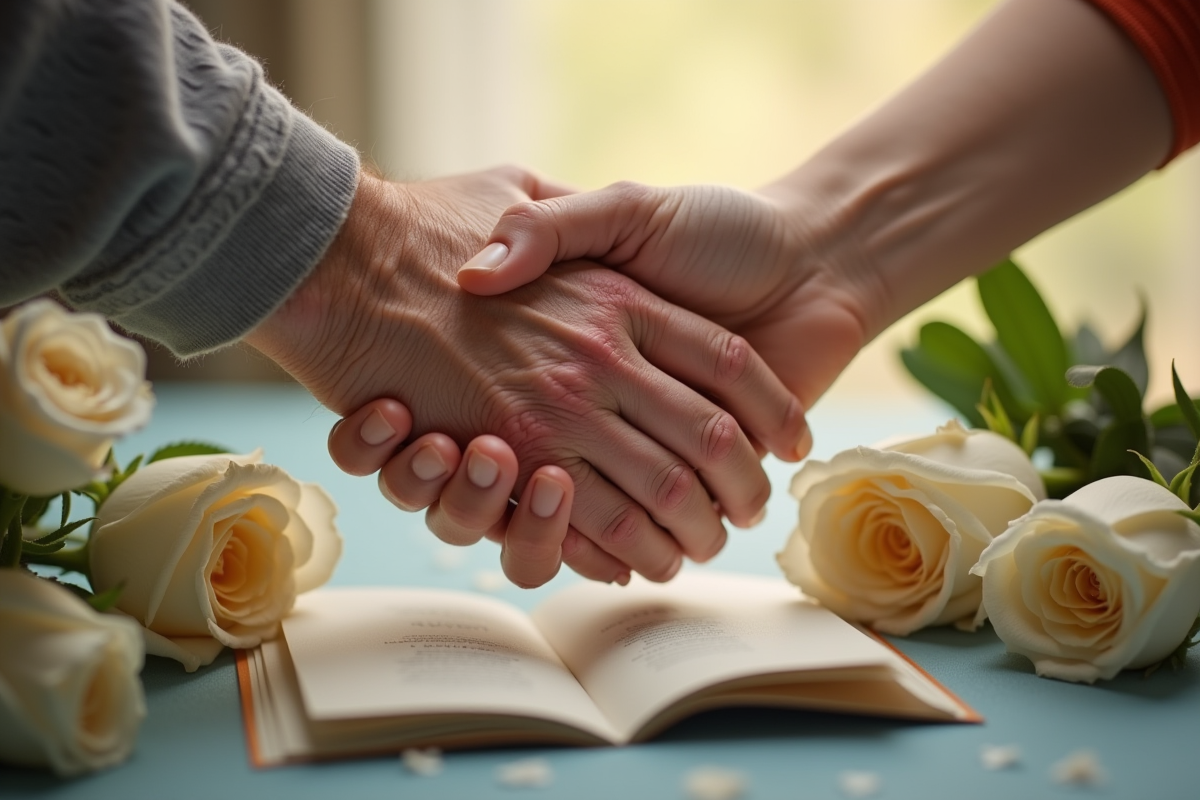 Mains ridées tenant des roses blanches et une carte d anniversaire