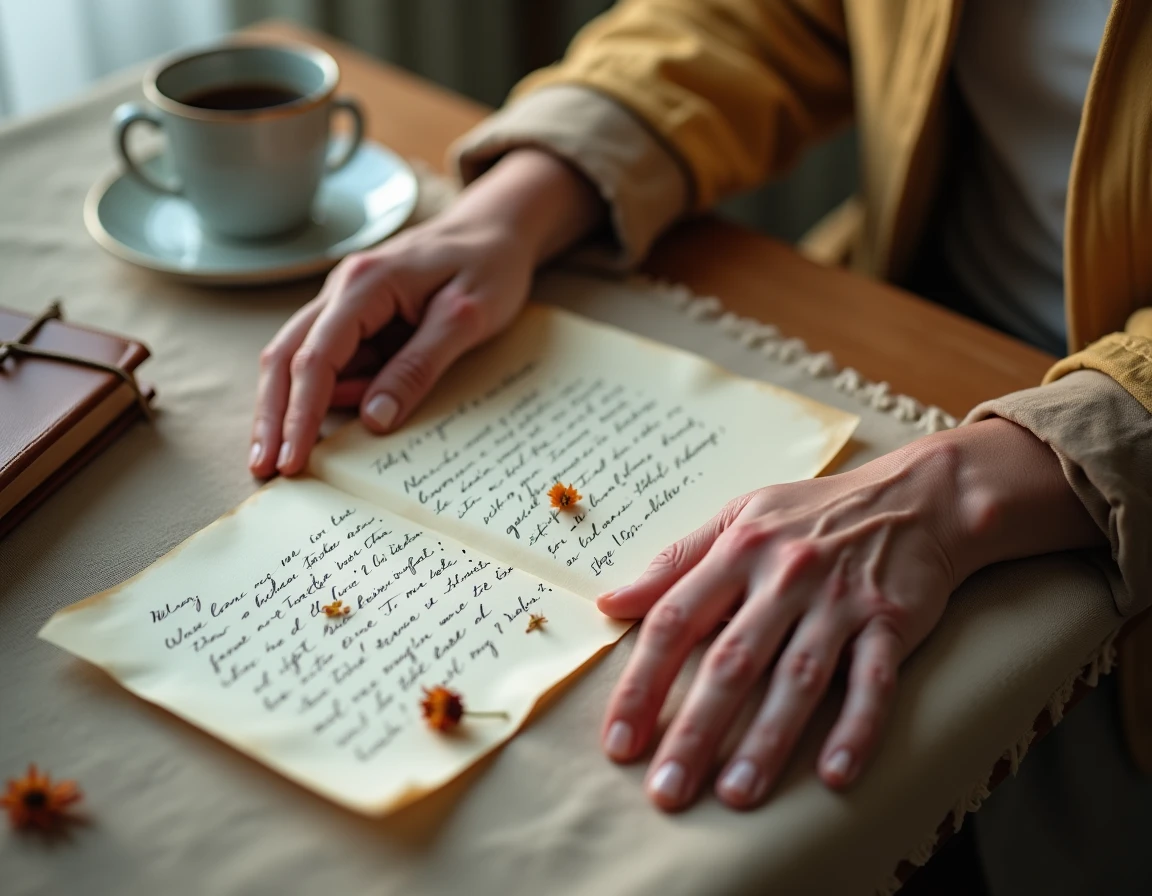 Gros plan de mains posées sur une lettre manuscrite avec des pétales séchés, symbole d'adieu et de paix intérieure