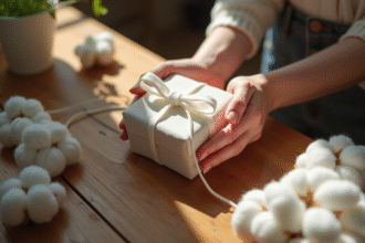 Mains tissant du coton blanc pour un cadeau fait main