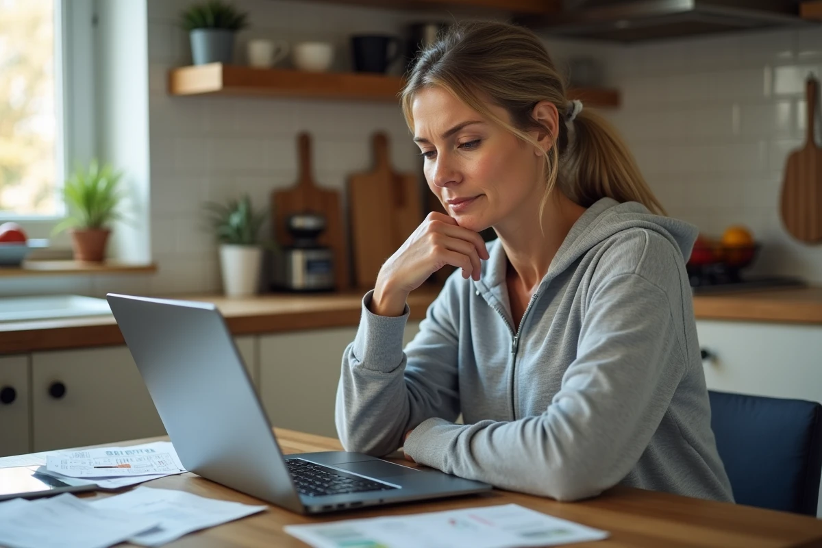 Femme examinant son panier d'achat en ligne sur un ordinateur portable entouré de prospectus et de cartes de fidélité