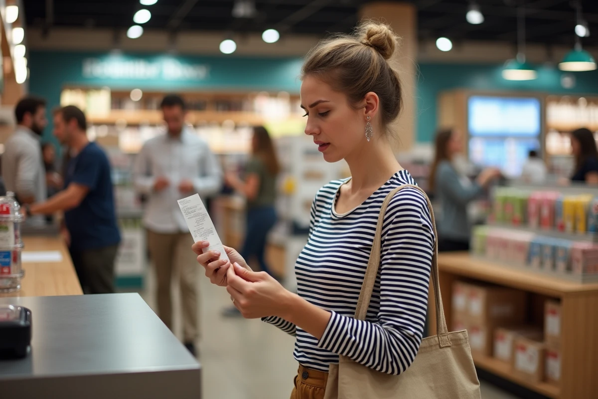 Maman surprise en lisant son ticket de caisse à la caisse d'un supermarché, sac de courses réutilisable en main