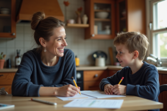 Maman et enfant discutent dans la cuisine chaleureuse