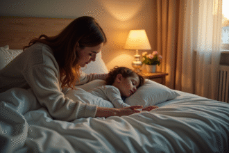 Maman douce aidant son enfant à dormir dans une chambre chaleureuse