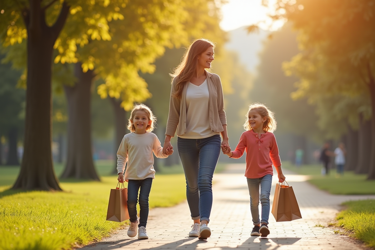 Mère et enfants marchant dans un parc urbain ensoleillé