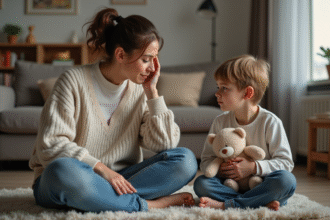 Maman inquiète avec son enfant dans le salon familial