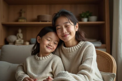 Maman et fille en connexion spirituelle douce