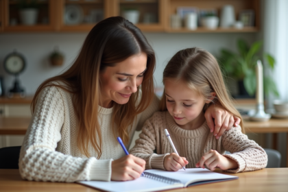 Mère et fille discutant à table dans un intérieur chaleureux
