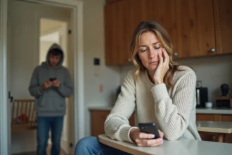 Maman inquiète regardant son smartphone dans la cuisine