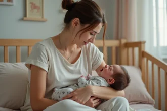 Jeune maman berçant son bébé dans la chambre