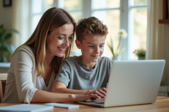 Mère et adolescent souriants à la cuisine avec ordinateur