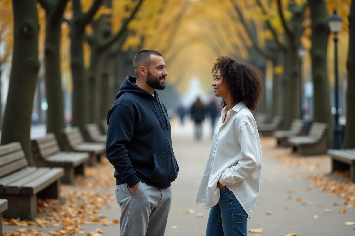 Couple se promenant dans un parc parisien en automne, échangeant dans une ambiance paisible et quotidienne symbolisant le soutien conjugal lors d'une reconversion professionnelle