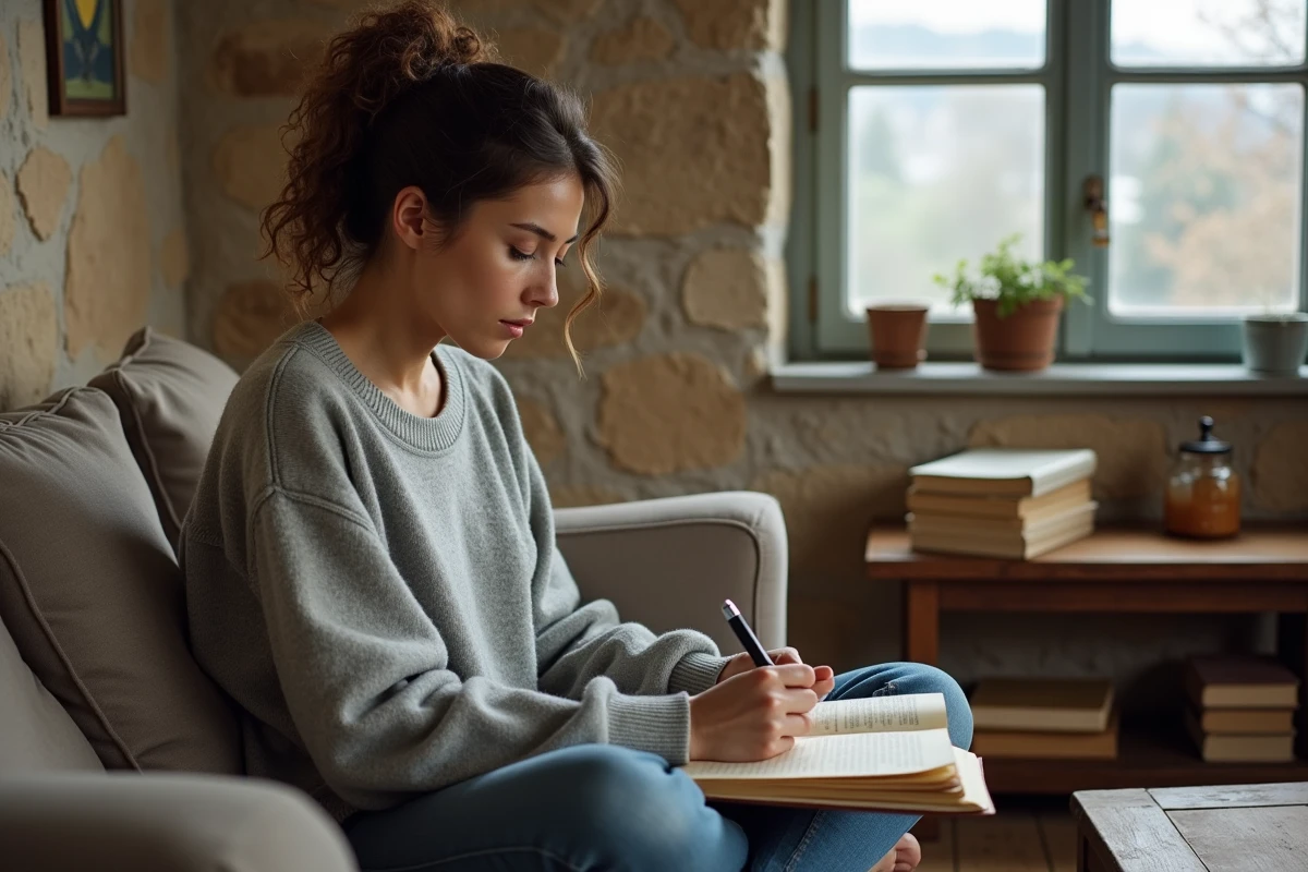Femme aux cheveux naturels écrivant dans un journal intime sur un canapé dans un intérieur français authentique, illustrant la réflexion personnelle et la vie après le rap