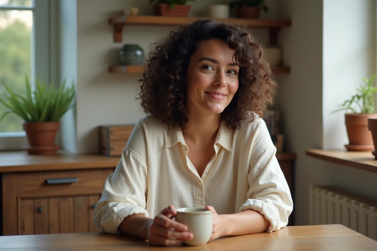 Femme aux cheveux bouclés naturels assise dans une cuisine française, tenant une tasse en céramique dans une atmosphère calme et intime évoquant une vie retirée du monde du spectacle