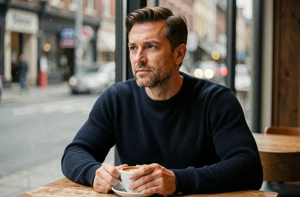 Portrait d'un homme discret attablé dans un café parisien, évoquant l'identité du mari d'une journaliste connue