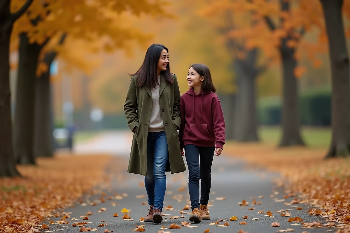 Marraine et filleule adolescente se promenant dans un parc en automne avec des feuilles colorées