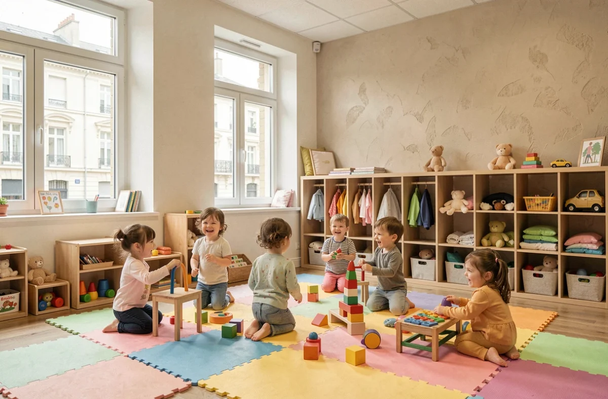 Vue générale d'une crèche dans les Hauts-de-Seine avec des enfants jouant dans une salle colorée et moderne