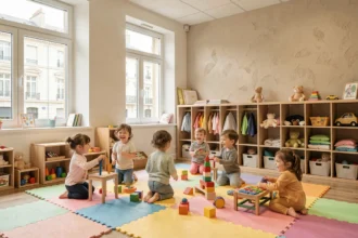 Vue générale d'une crèche dans les Hauts-de-Seine avec des enfants jouant dans une salle colorée et moderne