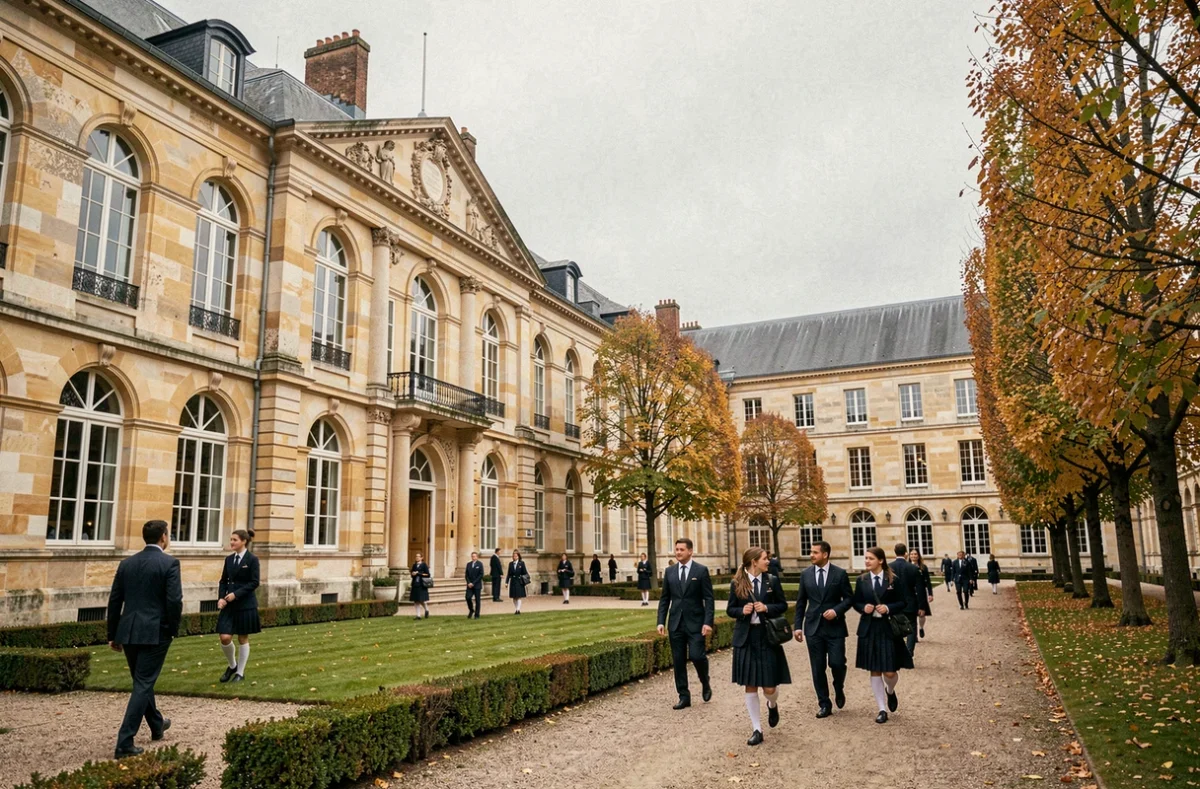 Vue panoramique d'un campus d'école privée en Maine-et-Loire avec des élèves en uniforme dans une cour intérieure en pierre