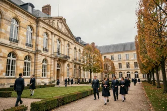 Vue panoramique d'un campus d'école privée en Maine-et-Loire avec des élèves en uniforme dans une cour intérieure en pierre