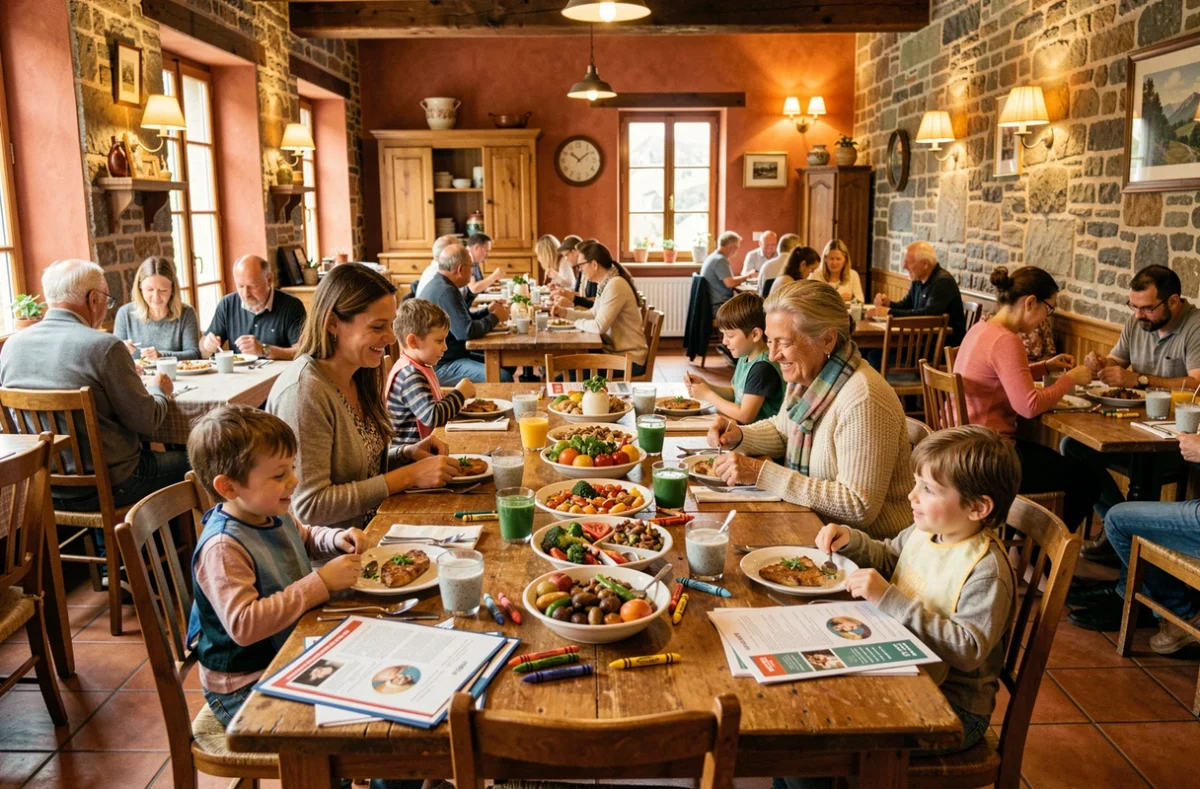 Vue d'ensemble d'un restaurant familial animé en Auvergne-Rhône-Alpes avec des familles attablées autour de repas colorés