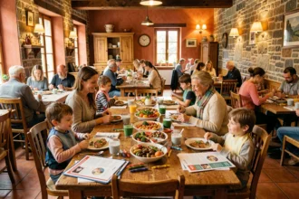Vue d'ensemble d'un restaurant familial animé en Auvergne-Rhône-Alpes avec des familles attablées autour de repas colorés