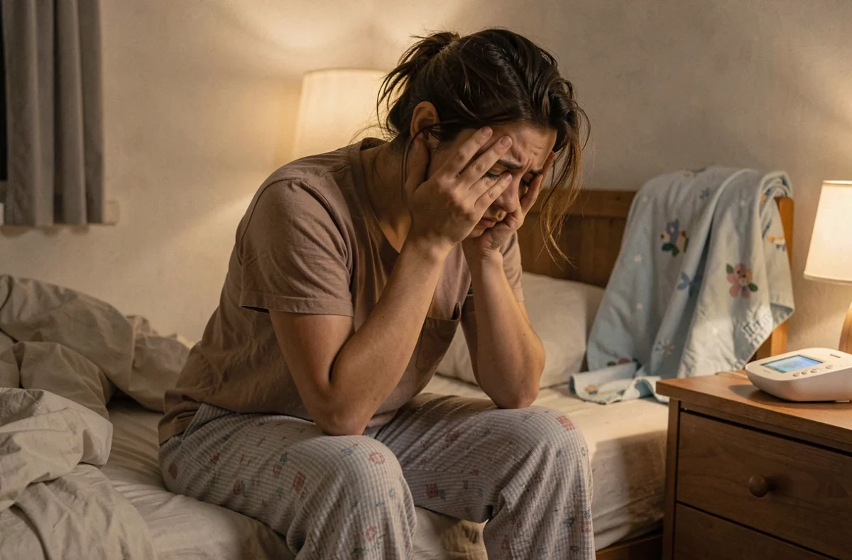 Mère épuisée assise sur le bord du lit la nuit, la tête dans les mains, illustrant la culpabilité et la fatigue liées au fait de laisser pleurer bébé
