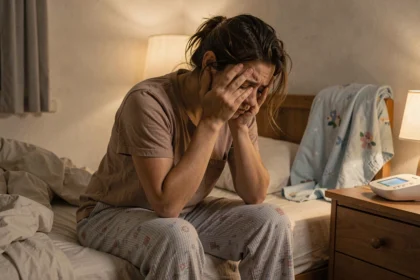 Mère épuisée assise sur le bord du lit la nuit, la tête dans les mains, illustrant la culpabilité et la fatigue liées au fait de laisser pleurer bébé