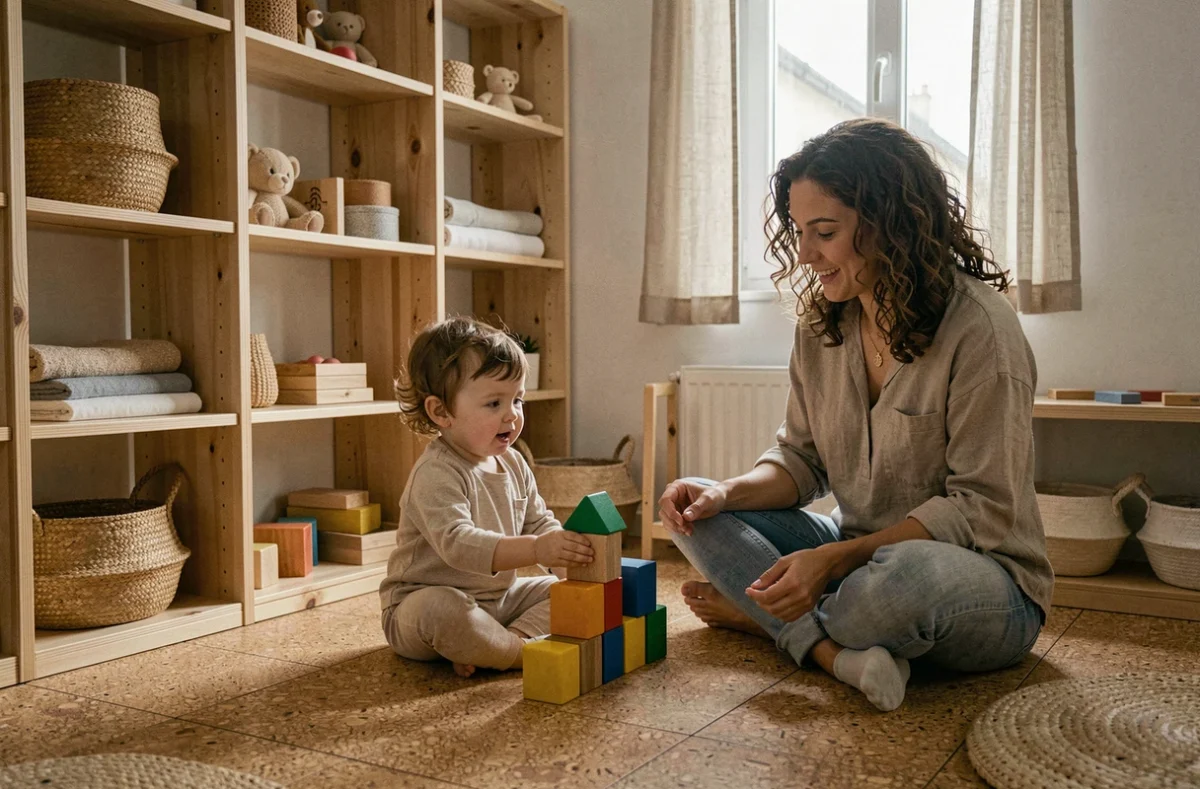 Deux enfants jouent avec des cubes en bois dans la micro-crèche Païdou à Puteaux