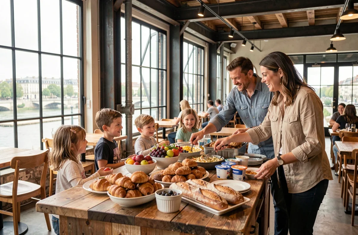 Famille se servant au brunch dominical du Mob Hotel Lyon Confluence avec vue sur la rivière et buffet généreux