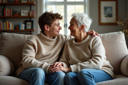 Jeune garçon et mère âgée discutent chaleureusement à la maison