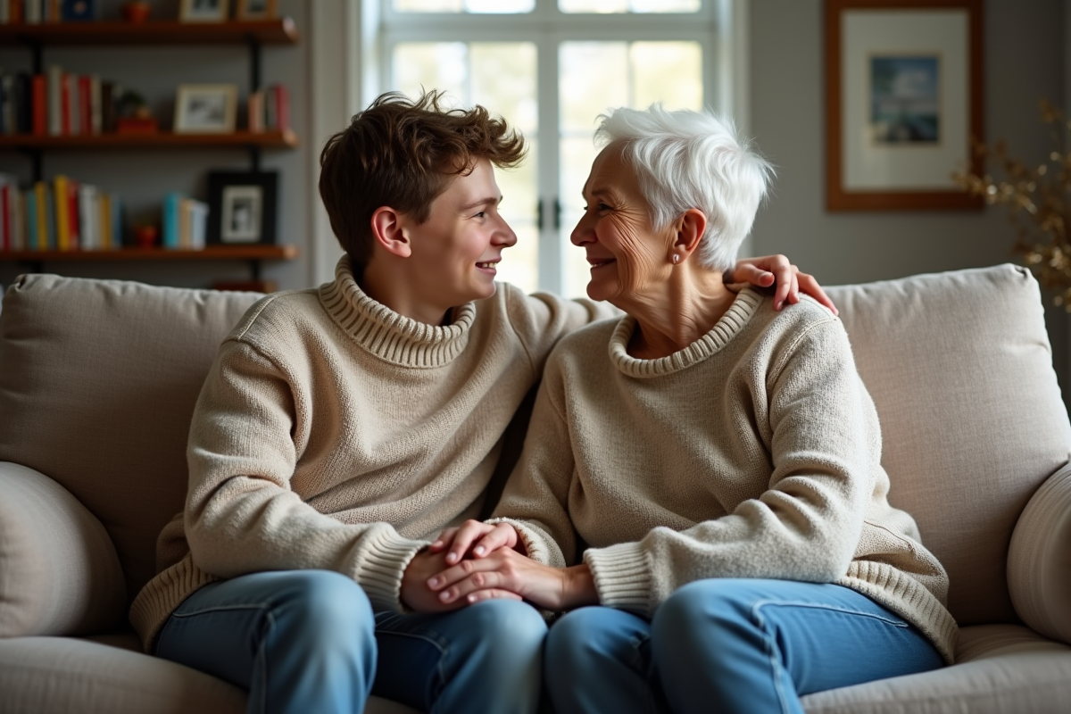 Jeune garçon et mère âgée discutent chaleureusement à la maison