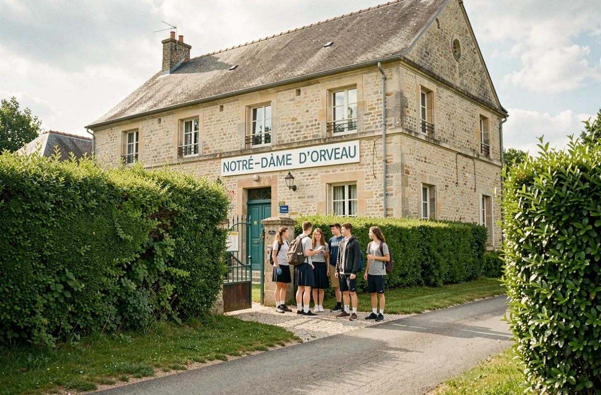 Élèves devant l'entrée de l'école Notre-Dame d'Orveau à Segré-en-Anjou Bleu, façade en pierre et haies verdoyantes